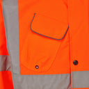 Hi-vis orange work jacket with reflective tape and secure front pocket detail
