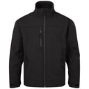 Black softshell work jacket with front zipper, high collar, and multiple pockets