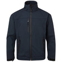 Navy blue softshell work jacket with high collar, zip front and multiple secure pockets