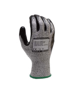 Cut-resistant grey work glove with black palm, reinforced grip, and size XL label