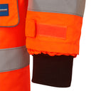 Hi-vis orange work jacket sleeve with reflective tape and adjustable Velcro cuff