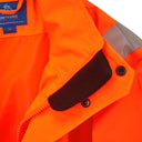 Hi-vis orange work jacket with chin guard, zip fastening, and reflective trim detail