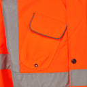 High visibility orange work jacket with reflective tape and pocket detail