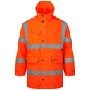 High visibility orange work jacket with reflective stripes and multiple front pockets