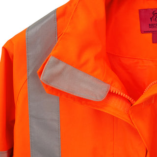 Hi-vis orange work jacket with reflective stripes and chin guard detail