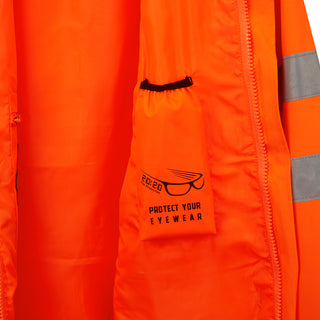 Hi-vis orange jacket with built-in pouch labeled protect your eyewear, reflective strip visible