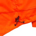 Hi-vis orange workwear jacket hem with adjustable toggle and drawstring close-up