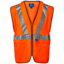 High visibility orange safety vest with reflective stripes and front zip closure