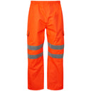 High-visibility orange work trousers with reflective bands, cargo pockets, and elastic waist