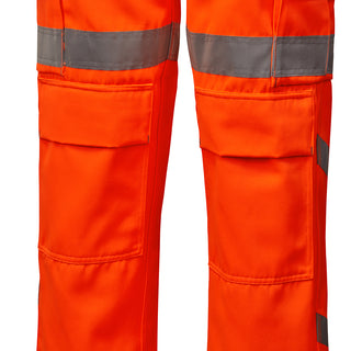 Hi-vis orange work trousers with reflective tape and kneepad pockets