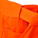Hi-vis orange flexi-waist work trousers close-up showing adjustable waistband detail