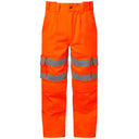 Hi-vis orange work trousers with reflective tape and cargo pockets, front view.
