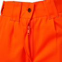 High-visibility orange work trousers with zipper fly and belt loops, safety workwear closeup