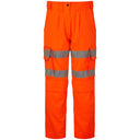 High-visibility orange work trousers with reflective strips and cargo pockets, front view.