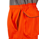 Hi-vis orange work trousers with side slot openings and protective pocket detail