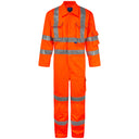 High-visibility orange coverall with reflective tape for safety workwear, front view