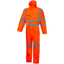 High-visibility orange waterproof coverall with reflective stripes for work safety