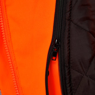 Hi-vis orange work jacket with zip-out quilted black liner, close-up detail