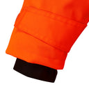 Hi-vis orange work jacket storm cuff with adjustable Velcro fastening for weather protection