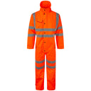 High-visibility orange coverall with reflective stripes, front view, safety workwear
