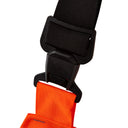 Heavy-duty black plastic clip fastener attached to orange hi-vis workwear fabric strap