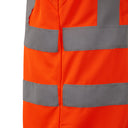 Hi-vis orange workwear fabric with silver reflective tape, close-up view