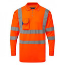 High-visibility orange long sleeve polo shirt with reflective stripes and chest pocket