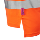 Hi-vis orange workwear fabric with reflective silver stripe and purple tag detail