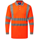 High visibility orange long sleeve polo shirt with reflective stripes, front view