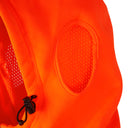High-visibility orange workwear hood with mesh ear insert and adjustable toggle