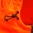 Hi-vis orange hood with black adjustable drawcord and mesh lining
