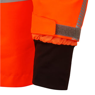 Hi-vis orange workwear cuff with reflective tape and adjustable Velcro strap