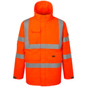 High-visibility orange waterproof work jacket with reflective stripes, front view