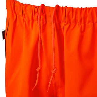 Hi-vis orange work trousers with elastic waistband and drawcord for secure fit