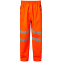 High visibility orange waterproof work trousers with reflective tape bands, front view