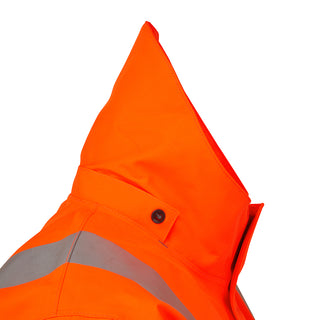 High visibility orange work jacket with contoured collar and reflective stripe detail