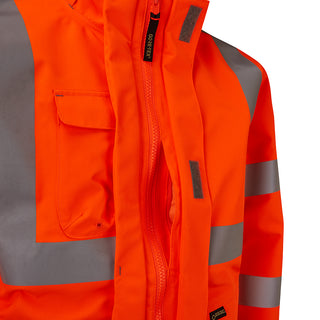 Hi-vis orange GORE-TEX work jacket with reflective stripes and secure chest pocket
