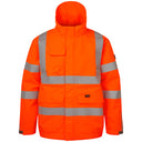 High visibility orange waterproof work jacket with reflective stripes, front view