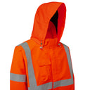 High-visibility orange waterproof work jacket with hood and reflective stripes
