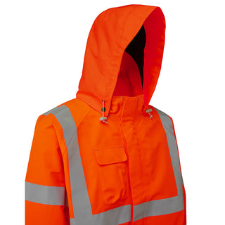 High-visibility orange waterproof work jacket with hood and reflective stripes
