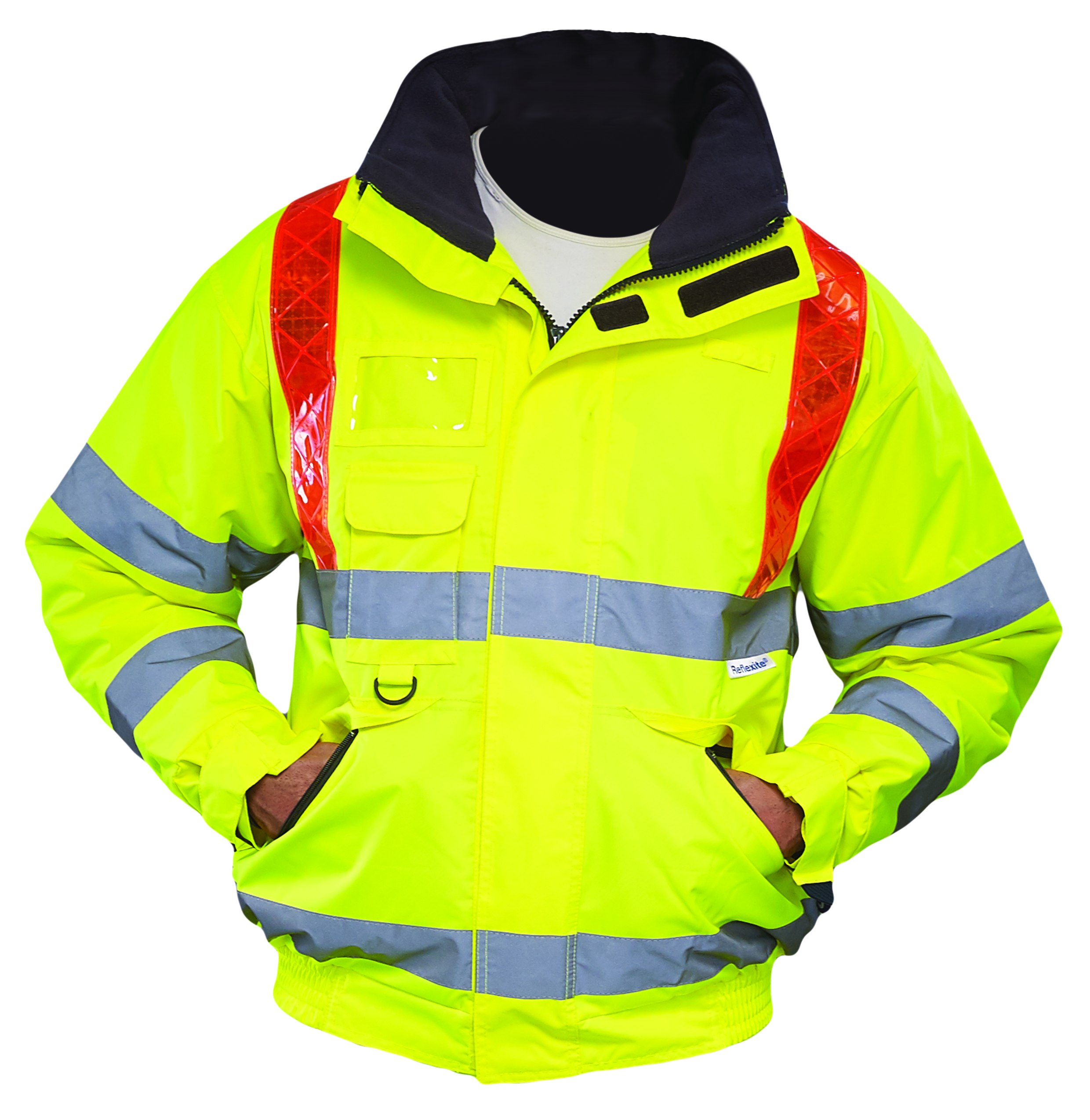 Yellow Hi Vis Traffic Bomber Jacket With Red Brace
