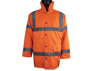 Orange High Vis Waterproof Coat w/ Quilted padded lining & Knitted storm cuffs